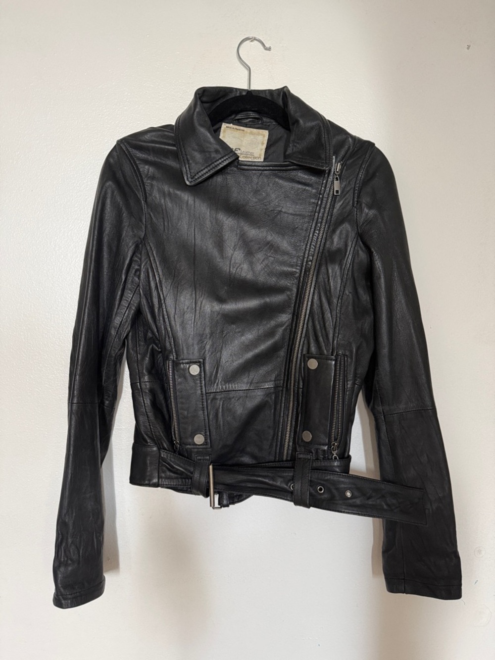 Classic Black Leather Moto Jacket with Belt